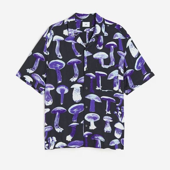 H&M Mens Size M Psilocybin Mushroom Pattern Button-Up Short Sleeve Trippy Shirt - Picture 1 of 7